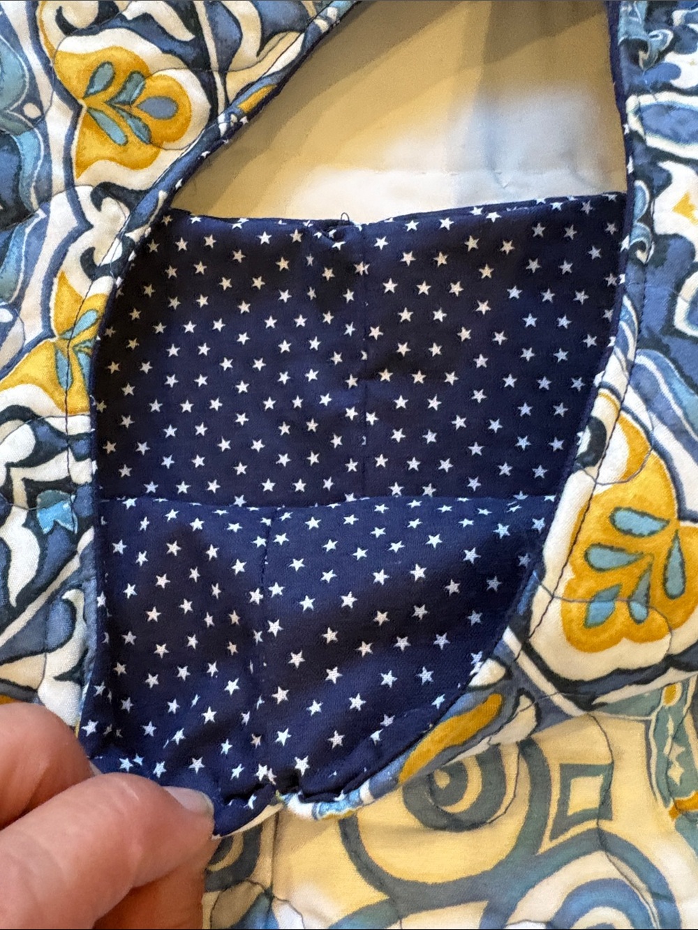 Upcycled Quilted Blue and Yellow Patterned Shoulder Bag - Picture 3 of 5
